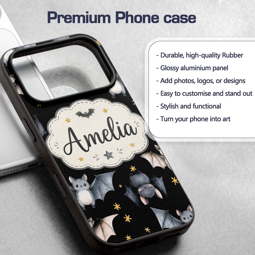 Cute Halloween Bats Flying Yellow Stars Night Sky Custom Name Protective Phone Case Mobile Cover Durable Everyday Smartphone Shock Resistant