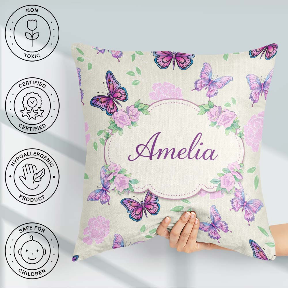 Custom Name Pink Purple Floral Beige Background Seamless Pattern Square Filled Cushion Throw Pillow Sofa Bed Home Decor Zip Washable UK Made