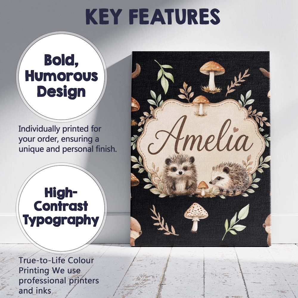 Personalised Name Cute Hedgehog Woodland Custom Unique Gift Idea Elegant Feature Canvas Wall Art Print Decor Picture Ready to Hang