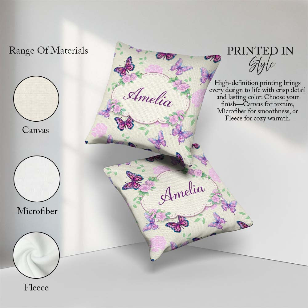 Custom Name Pink Purple Floral Beige Background Seamless Pattern Square Filled Cushion Throw Pillow Sofa Bed Home Decor Zip Washable UK Made