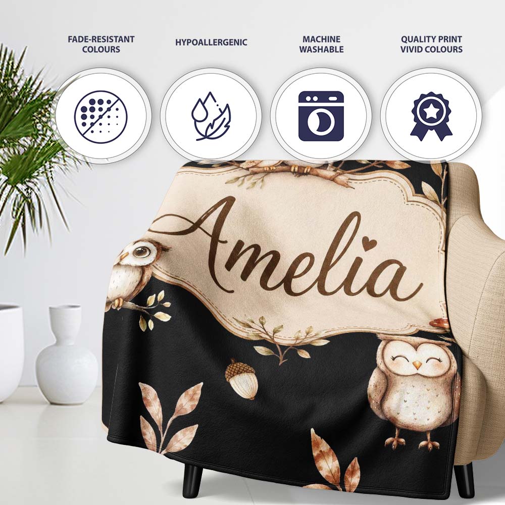 Cute Owls Sitting on Branch Woodland Leaves Mushrooms Seamless Personalised Custom Name Super Soft Fleece Blanket Bed Sofa Throw