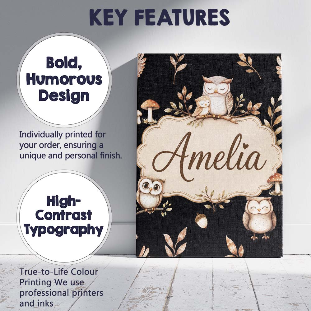 Personalised Name Cute Owls Sitting on Custom Modern Room Accent Elegant Feature Canvas Wall Art Print Decor Picture Ready to Hang