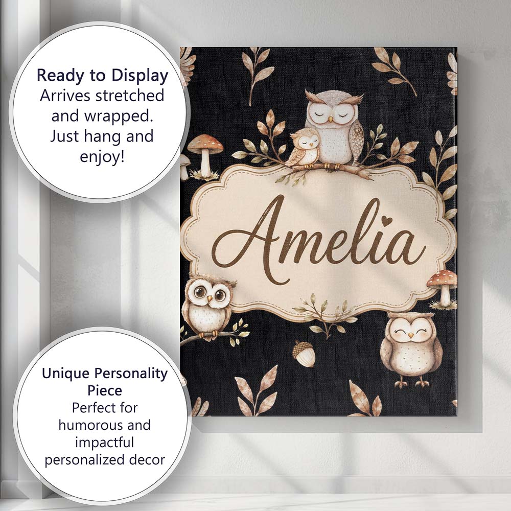 Personalised Name Cute Owls Sitting on Custom Modern Room Accent Elegant Feature Canvas Wall Art Print Decor Picture Ready to Hang