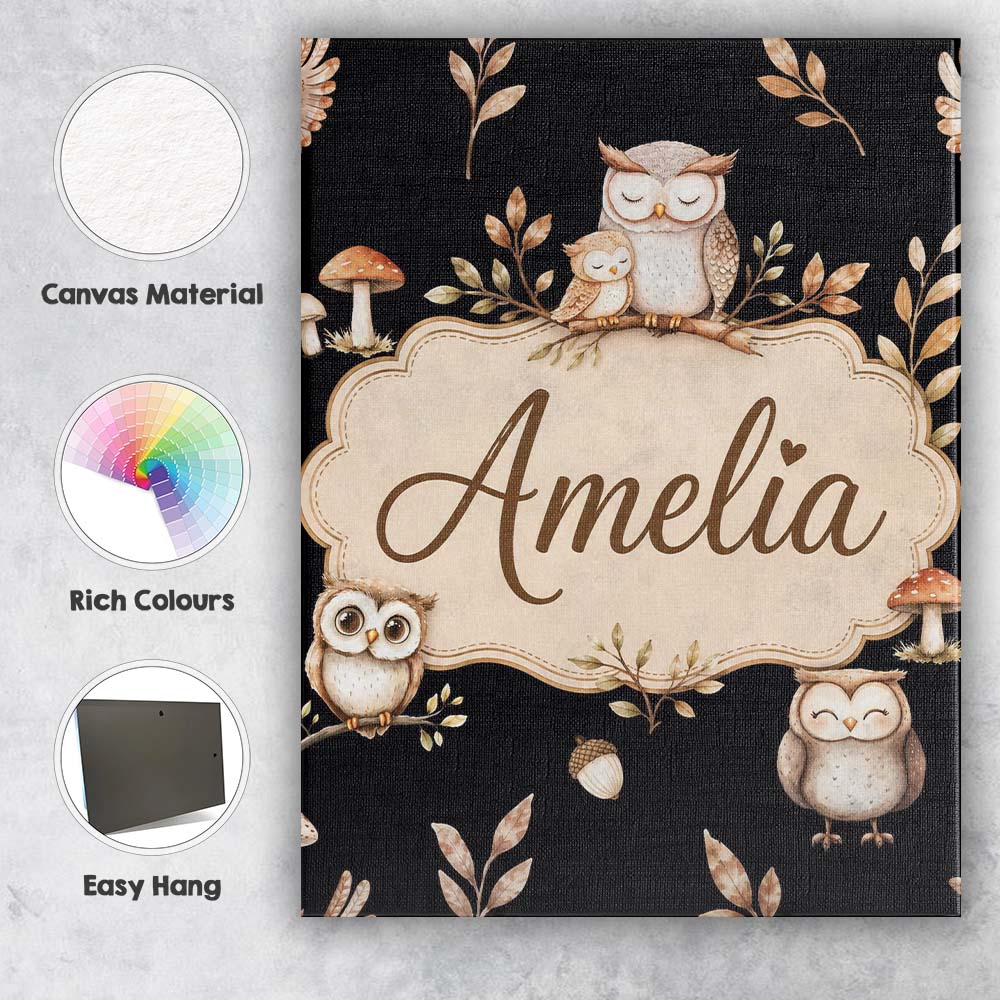 Personalised Name Cute Owls Sitting on Custom Modern Room Accent Elegant Feature Canvas Wall Art Print Decor Picture Ready to Hang