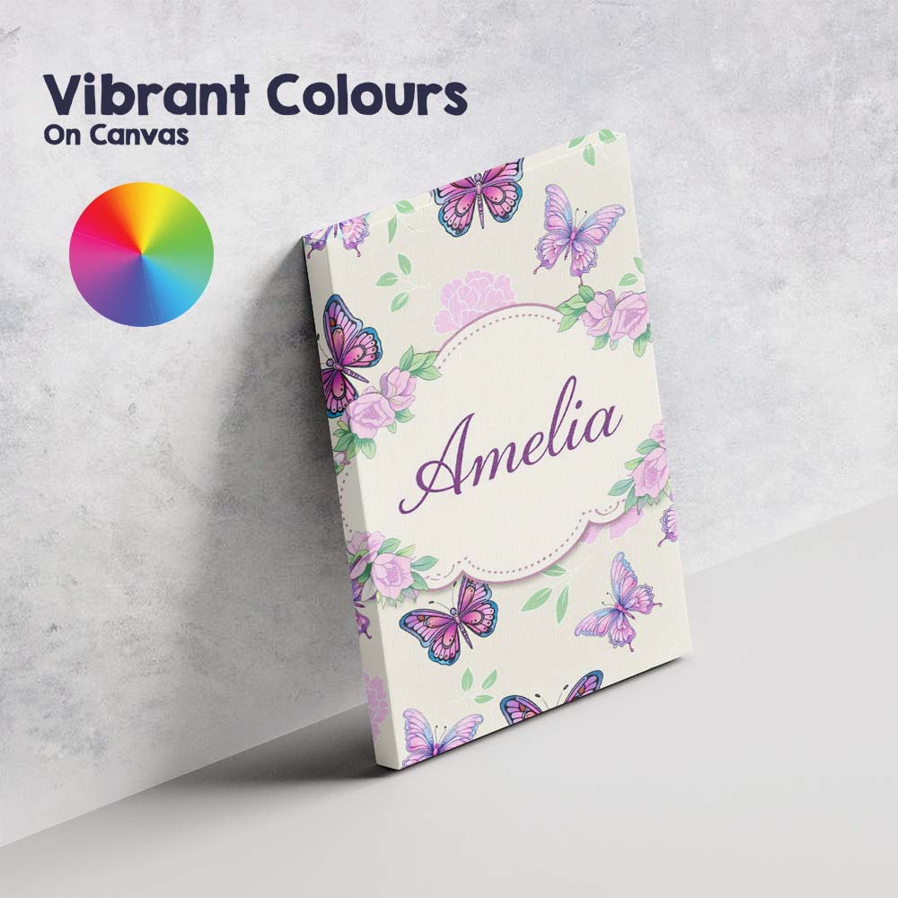 Personalised Name Pink Purple Butterfly Floral Beige Background Custom Statement Canvas Wall Art Print Decor Picture Ready to Hang