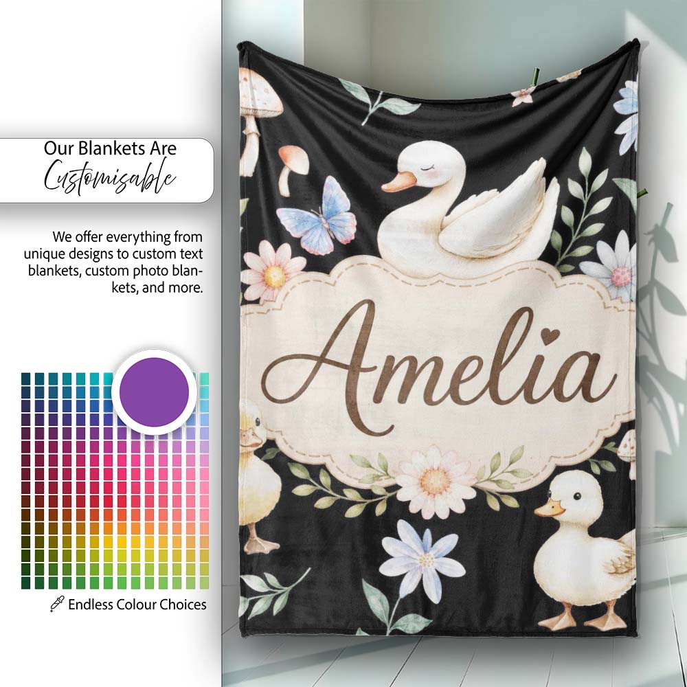 Swan Duckling Butterflies Flowers Mushrooms Soft Watercolor Personalised Custom Name Super Soft Fleece Blanket Bed Sofa Throw