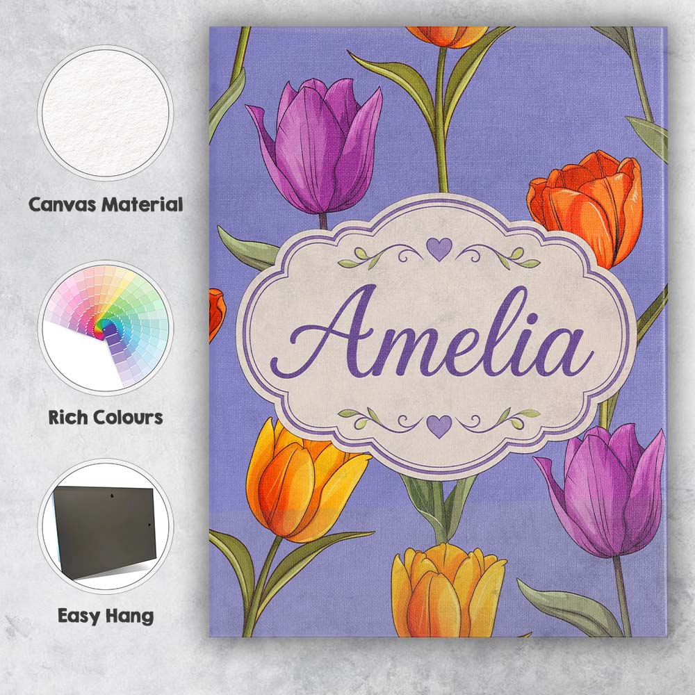 Personalised Name Colorful Tulip Flowers Custom Unique Gift Idea Elegant Feature Canvas Wall Art Print Decor Picture Ready to Hang