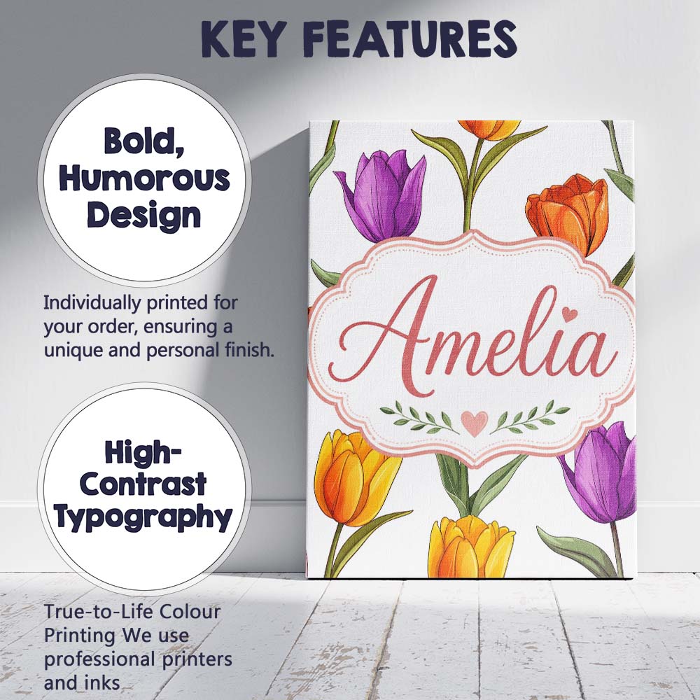 Personalised Name Colorful Tulip Flowers Custom Unique Gift Idea Elegant Feature Canvas Wall Art Print Decor Picture Ready to Hang