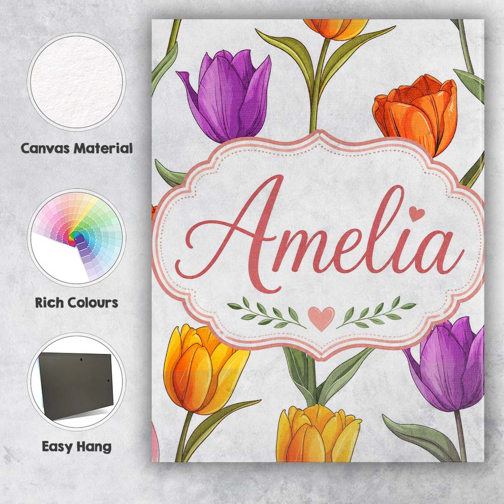 Personalised Name Colorful Tulip Flowers Custom Unique Gift Idea Elegant Feature Canvas Wall Art Print Decor Picture Ready to Hang