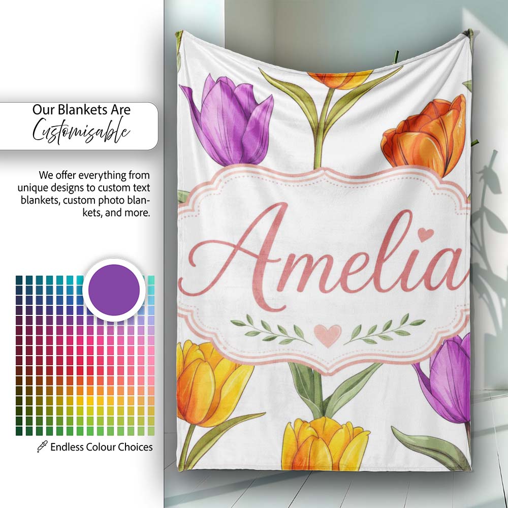 Colorful Tulip Flowers White Background Spring Floral Seamless Personalised Custom Name Super Soft Fleece Blanket Bed Sofa Throw
