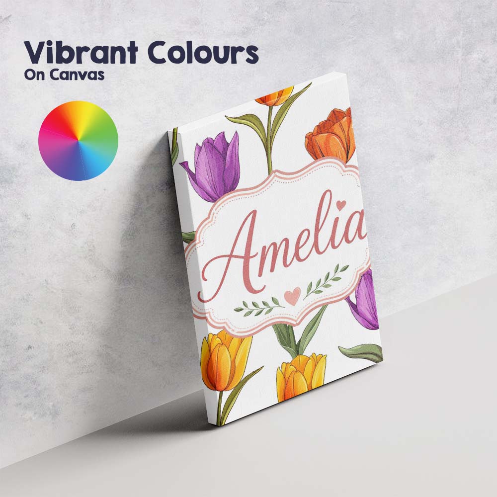 Personalised Name Colorful Tulip Flowers Custom Unique Gift Idea Elegant Feature Canvas Wall Art Print Decor Picture Ready to Hang
