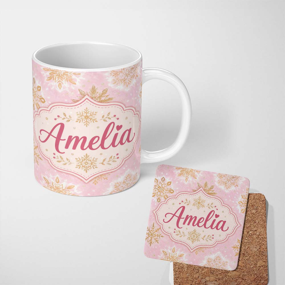 Personalized Custom Name Elegant Gold Snowflake Soft Pink Seamless Pattern Cute Unique Gift 11oz Ceramic Coffee Tea Mug White Large Handle