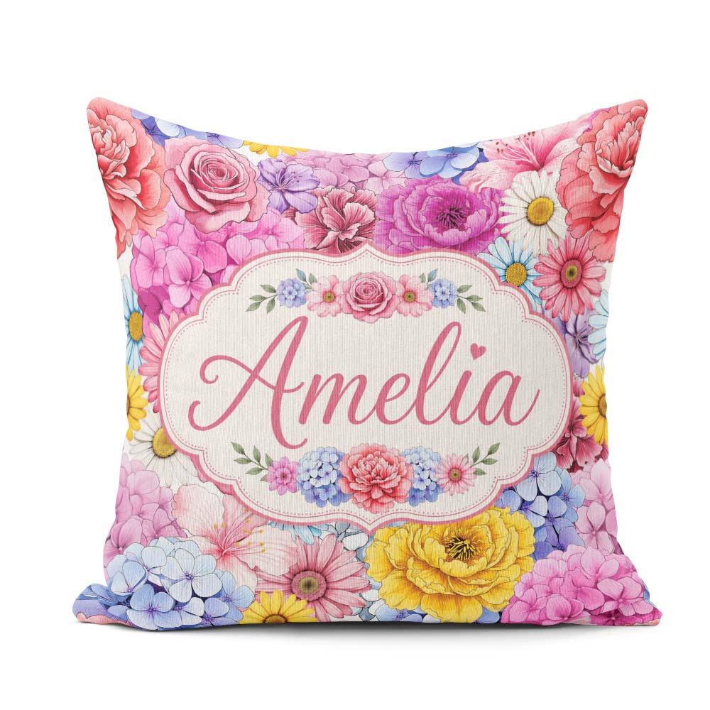Custom Name Pink Floral Roses Peony Hydrangea Seamless Name Cute Square Filled Cushion Throw Pillow Sofa Bed Home Decor Zip Washable UK Made