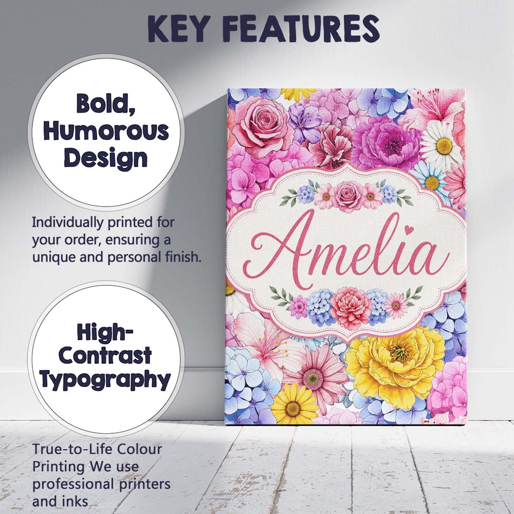Personalised Name Elegant Pink Floral Roses Custom Bespoke Interior Contemporary Canvas Wall Art Print Decor Picture Ready to Hang