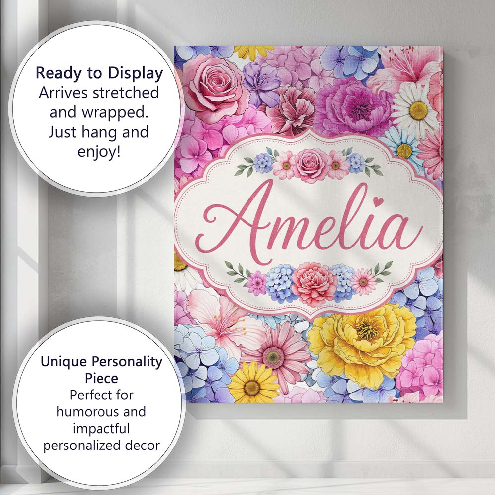 Personalised Name Elegant Pink Floral Roses Custom Bespoke Interior Contemporary Canvas Wall Art Print Decor Picture Ready to Hang