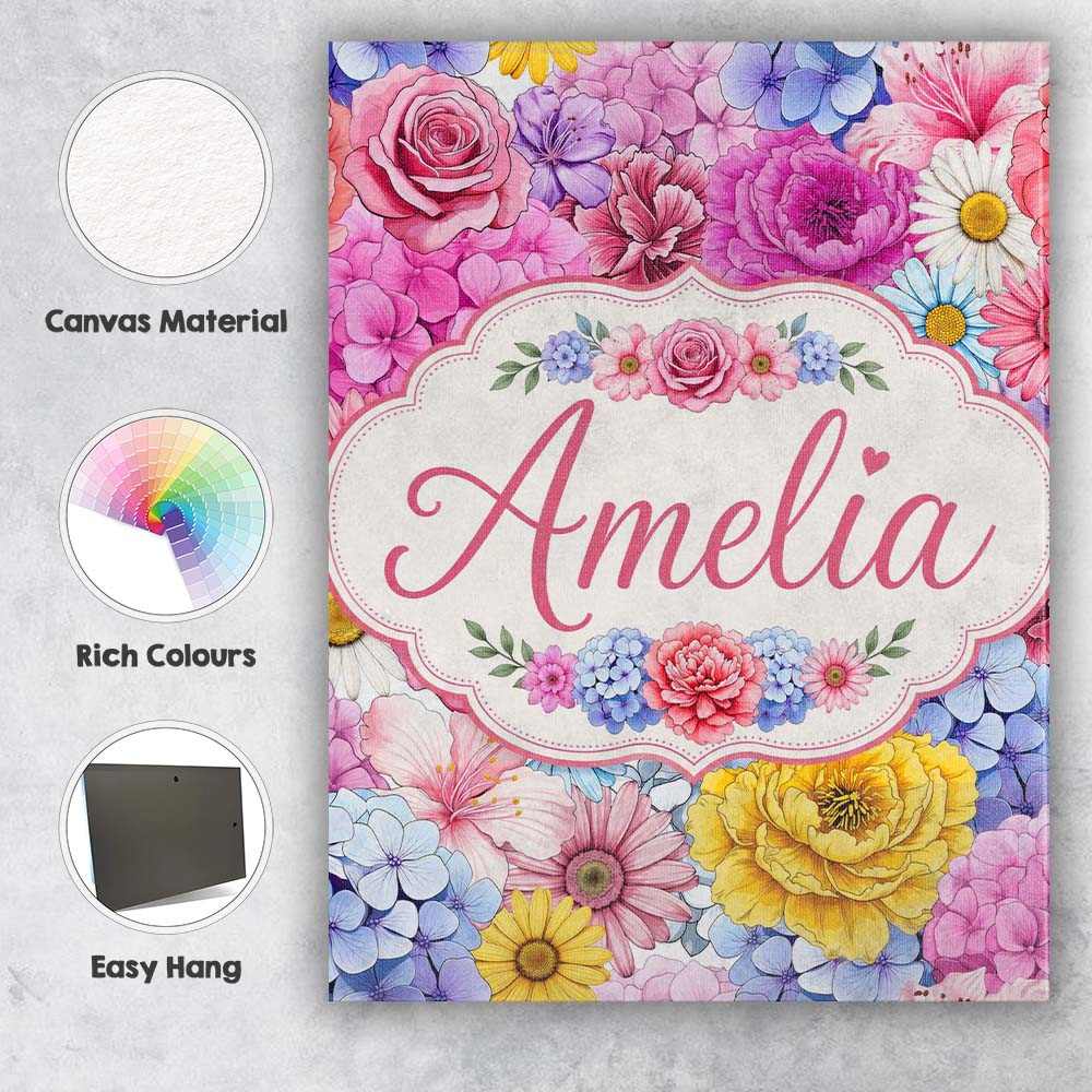 Personalised Name Elegant Pink Floral Roses Custom Bespoke Interior Contemporary Canvas Wall Art Print Decor Picture Ready to Hang