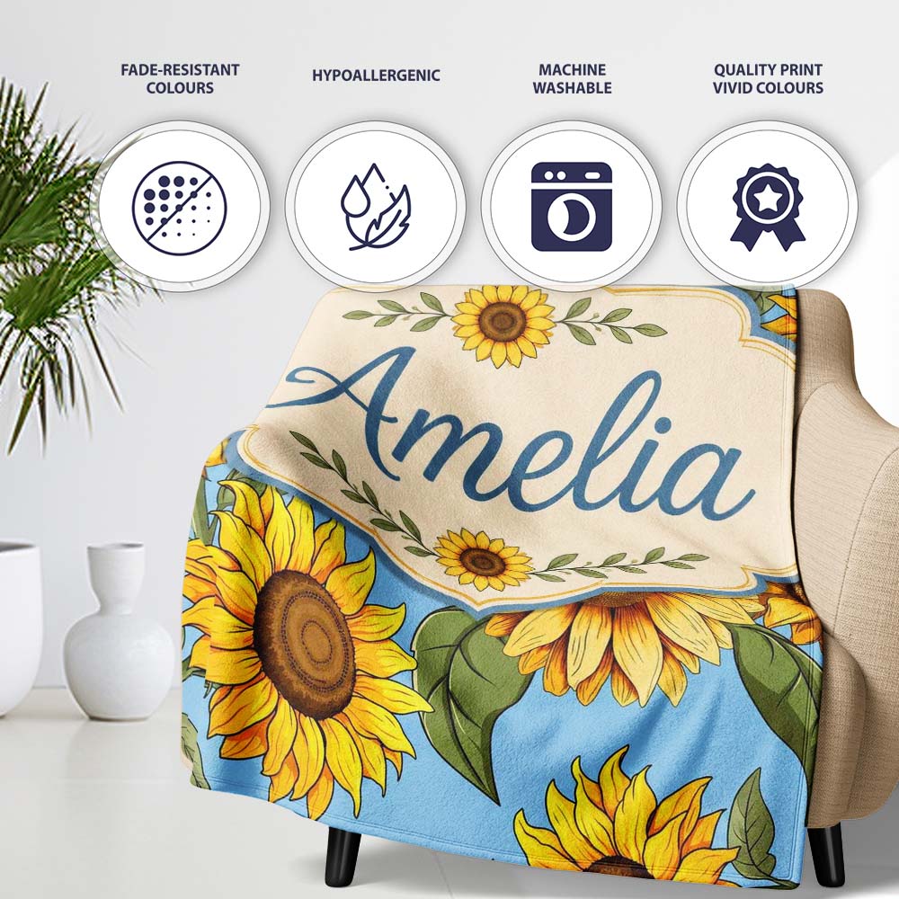 Bright Yellow Sunflower Blue Background Seamless Pattern Name Cute Personalised Custom Name Super Soft Fleece Blanket Bed Sofa Throw
