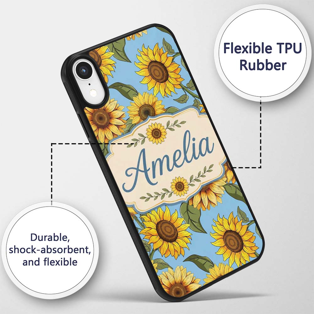 Bright Yellow Sunflower Blue Background Seamless Custom Name Protective Phone Case Mobile Cover Durable Everyday Smartphone Shock Resistant