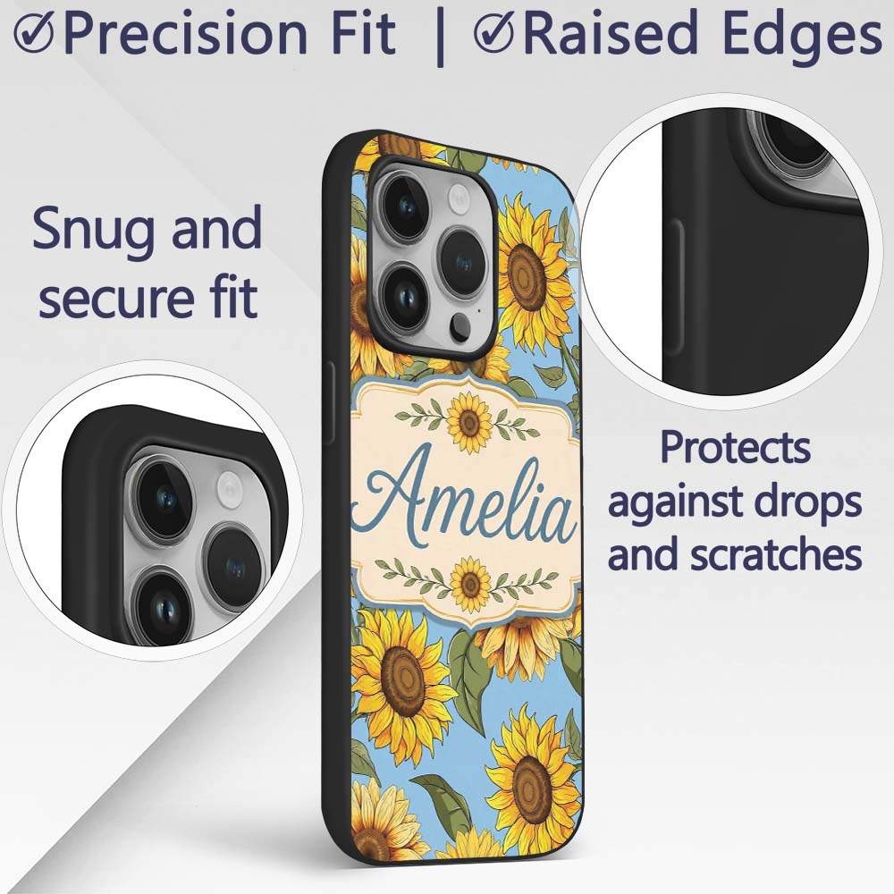 Bright Yellow Sunflower Blue Background Seamless Custom Name Protective Phone Case Mobile Cover Durable Everyday Smartphone Shock Resistant