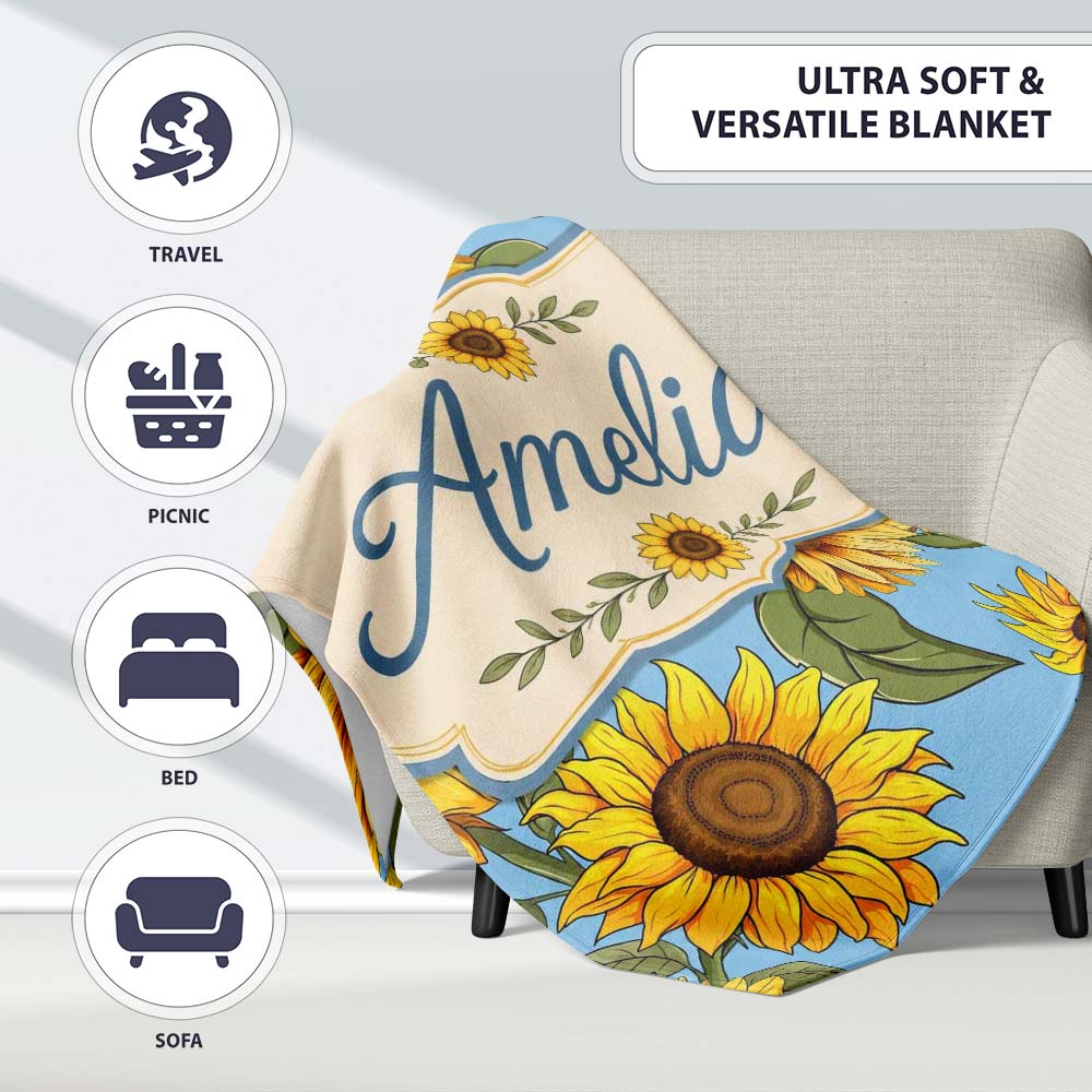 Bright Yellow Sunflower Blue Background Seamless Pattern Name Cute Personalised Custom Name Super Soft Fleece Blanket Bed Sofa Throw