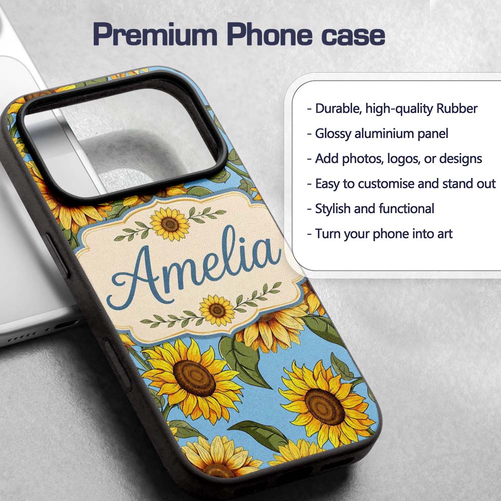 Bright Yellow Sunflower Blue Background Seamless Custom Name Protective Phone Case Mobile Cover Durable Everyday Smartphone Shock Resistant