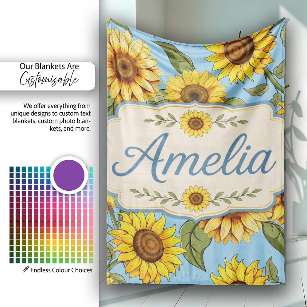 Bright Yellow Sunflower Blue Background Seamless Pattern Name Cute Personalised Custom Name Super Soft Fleece Blanket Bed Sofa Throw