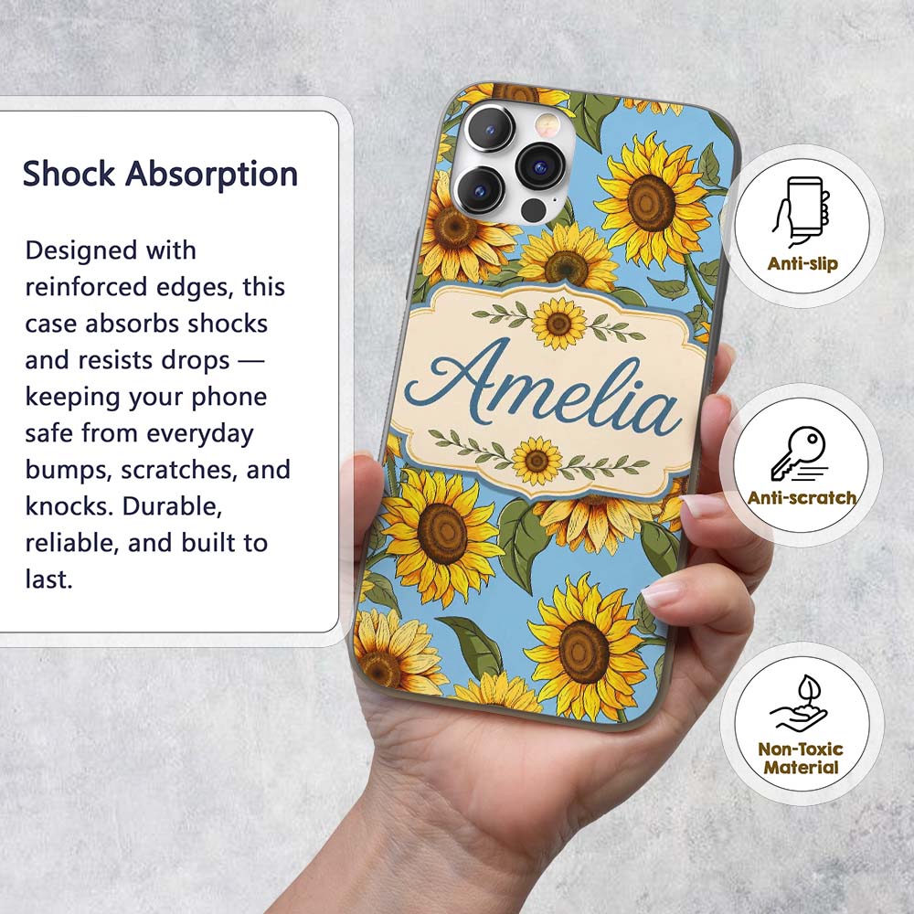 Bright Yellow Sunflower Blue Background Seamless Custom Name Protective Phone Case Mobile Cover Durable Everyday Smartphone Shock Resistant