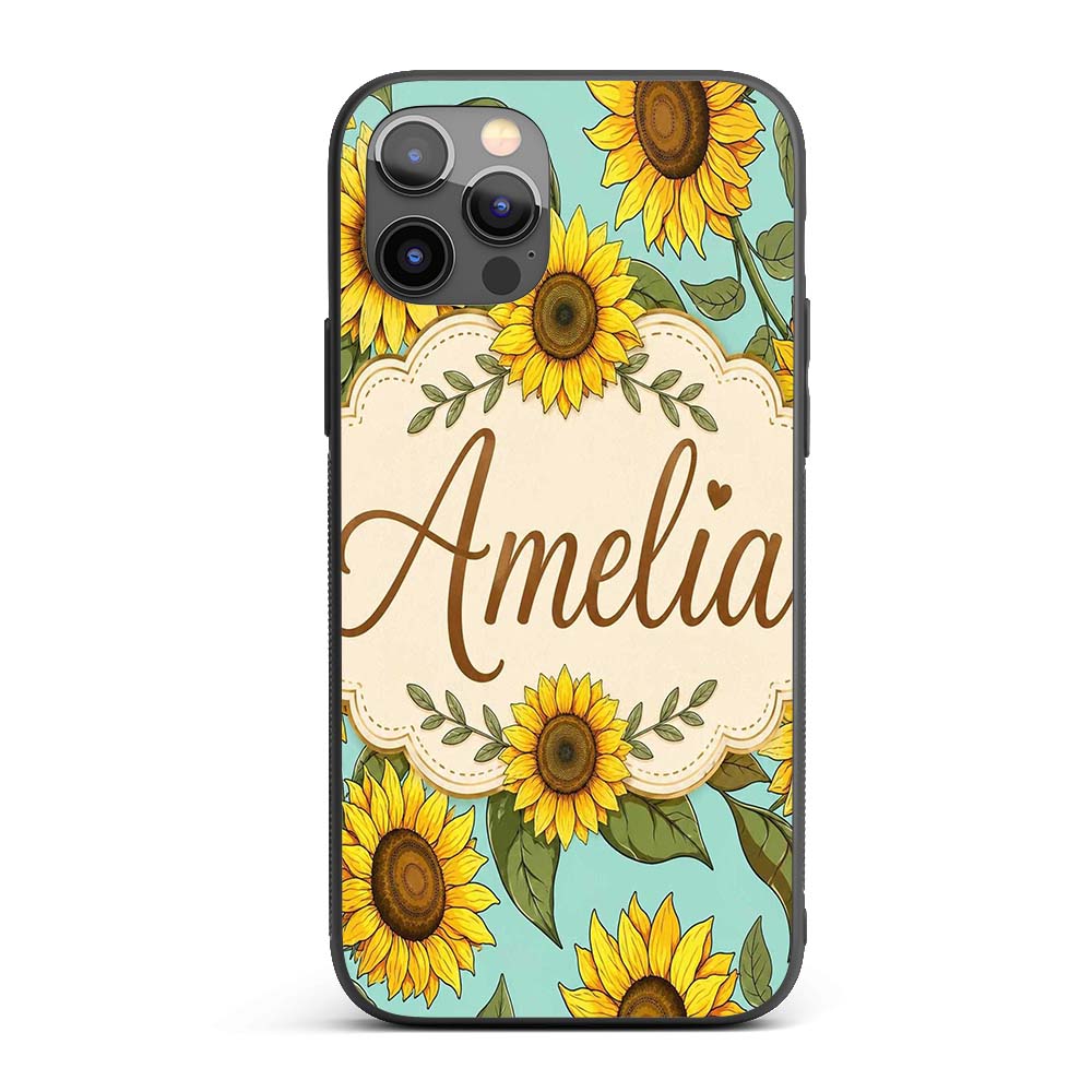 Bright Yellow Sunflower Green Background Seamless Custom Name Protective Phone Case Mobile Cover Durable Everyday Smartphone Shock Resistant