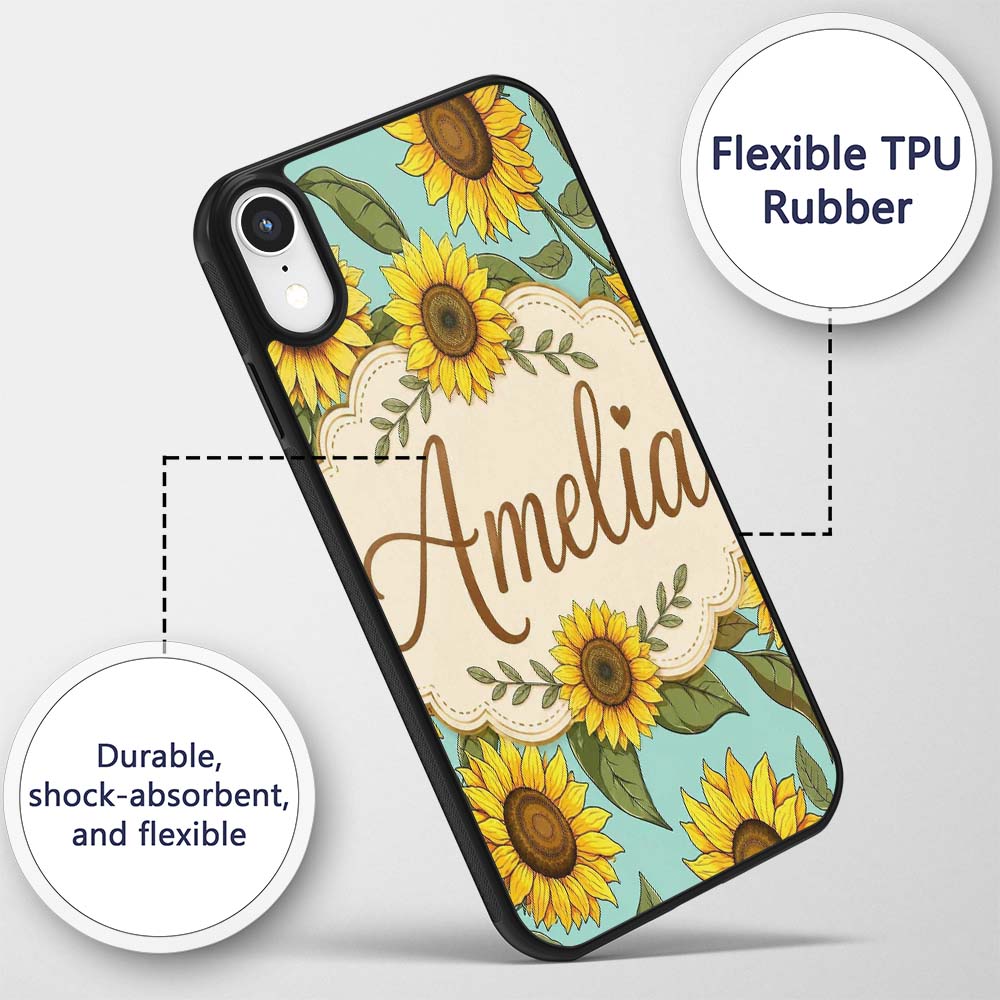 Bright Yellow Sunflower Green Background Seamless Custom Name Protective Phone Case Mobile Cover Durable Everyday Smartphone Shock Resistant