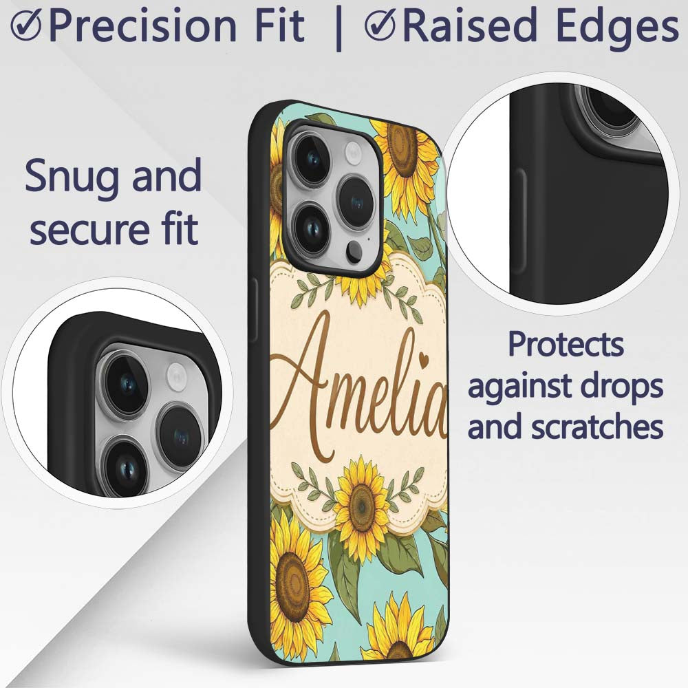Bright Yellow Sunflower Green Background Seamless Custom Name Protective Phone Case Mobile Cover Durable Everyday Smartphone Shock Resistant