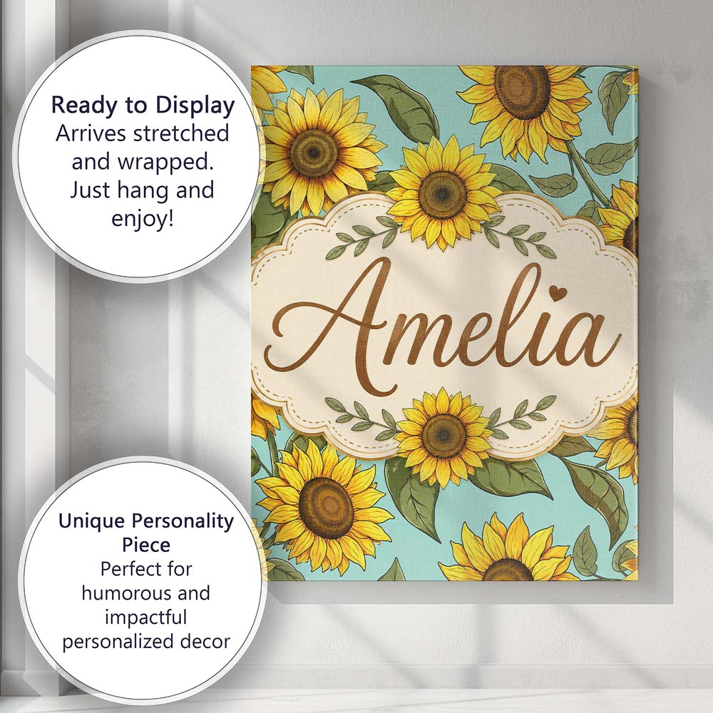 Personalised Name Bright Yellow Sunflower Custom Unique Gift Idea Elegant Feature Canvas Wall Art Print Decor Picture Ready to Hang