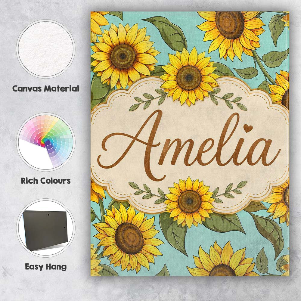 Personalised Name Bright Yellow Sunflower Custom Unique Gift Idea Elegant Feature Canvas Wall Art Print Decor Picture Ready to Hang