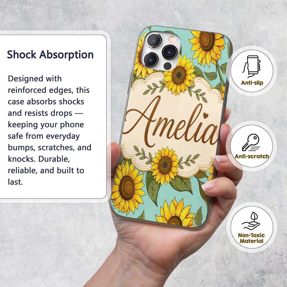 Bright Yellow Sunflower Green Background Seamless Custom Name Protective Phone Case Mobile Cover Durable Everyday Smartphone Shock Resistant