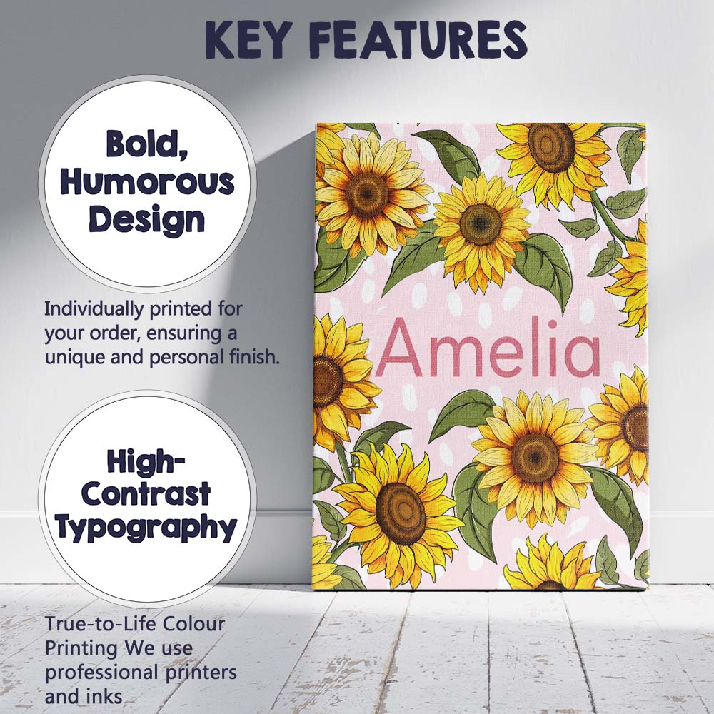 Personalised Name Bright Yellow Sunflower Custom Unique Gift Idea Elegant Feature Canvas Wall Art Print Decor Picture Ready to Hang