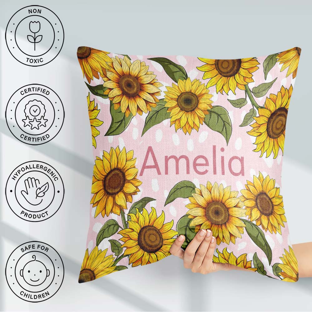 Custom Name Bright Yellow Sunflower Abstract Background Seamless Square Filled Cushion Throw Pillow Sofa Bed Home Decor Zip Washable UK Made