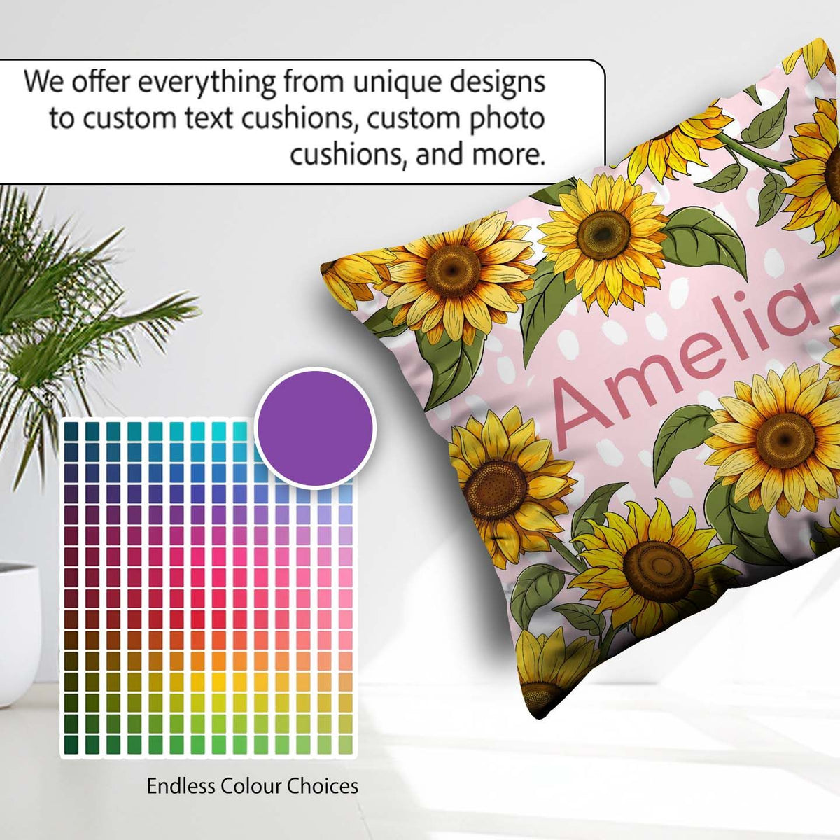 Custom Name Bright Yellow Sunflower Abstract Background Seamless Square Filled Cushion Throw Pillow Sofa Bed Home Decor Zip Washable UK Made