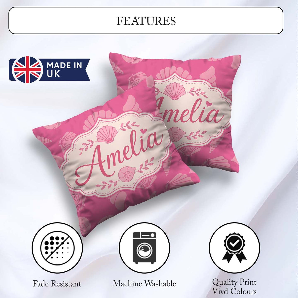 Custom Name Minimal Pink Seashell Ocean Summer Pattern Name Cute Square Filled Cushion Throw Pillow Sofa Bed Home Decor Zip Washable UK Made