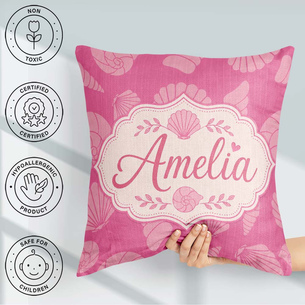 Custom Name Minimal Pink Seashell Ocean Summer Pattern Name Cute Square Filled Cushion Throw Pillow Sofa Bed Home Decor Zip Washable UK Made