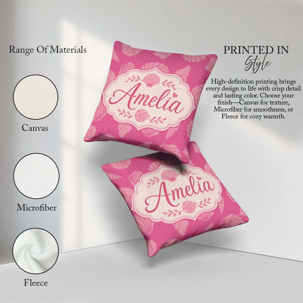 Custom Name Minimal Pink Seashell Ocean Summer Pattern Name Cute Square Filled Cushion Throw Pillow Sofa Bed Home Decor Zip Washable UK Made