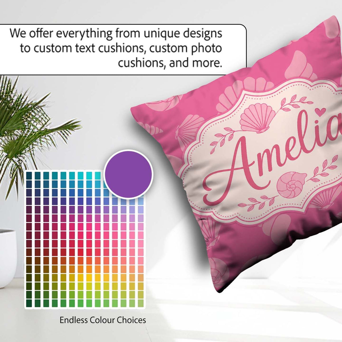 Custom Name Minimal Pink Seashell Ocean Summer Pattern Name Cute Square Filled Cushion Throw Pillow Sofa Bed Home Decor Zip Washable UK Made