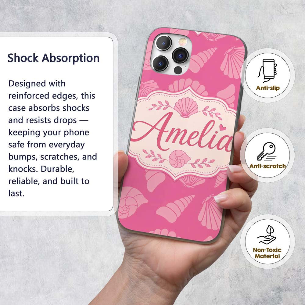 Minimal Pink Seashell Ocean Summer Printed Design Custom Name Protective Phone Case Mobile Cover Durable Everyday Smartphone Shock Resistant