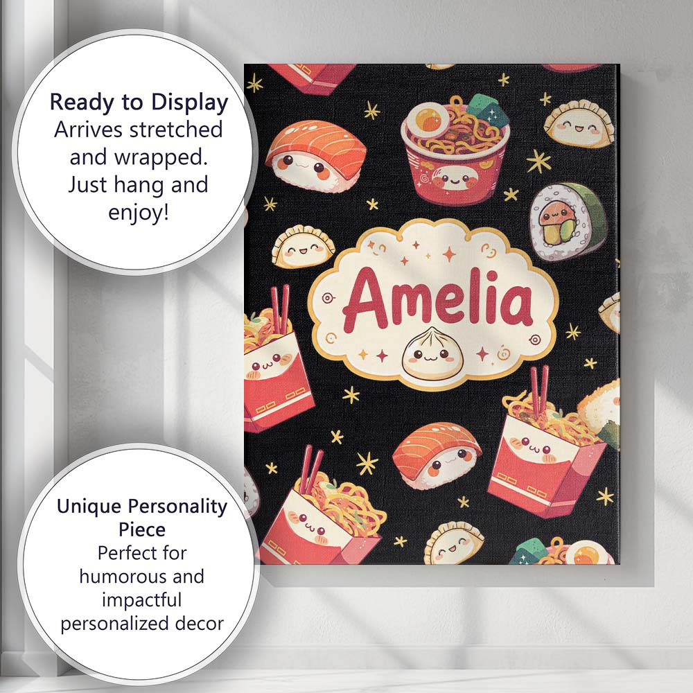 Personalised Name Cute Kawaii Sushi Ramen Custom Unique Gift Idea Elegant Feature Canvas Wall Art Print Decor Picture Ready to Hang