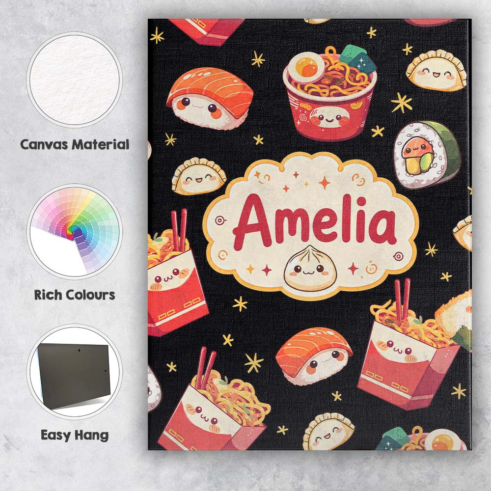 Personalised Name Cute Kawaii Sushi Ramen Custom Unique Gift Idea Elegant Feature Canvas Wall Art Print Decor Picture Ready to Hang