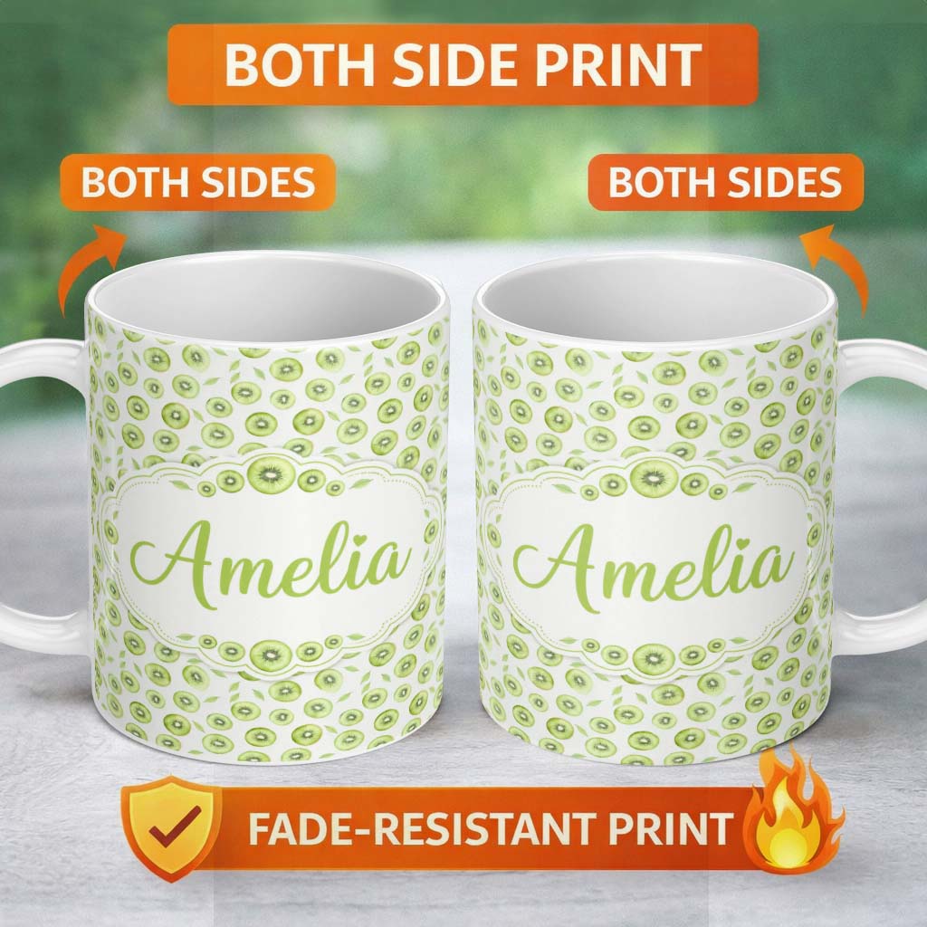 Personalized Custom Name Kiwi Slice and Leaf Botanical Seamless Pattern on Light Background 11oz Ceramic Coffee Tea Mug White Large Handle