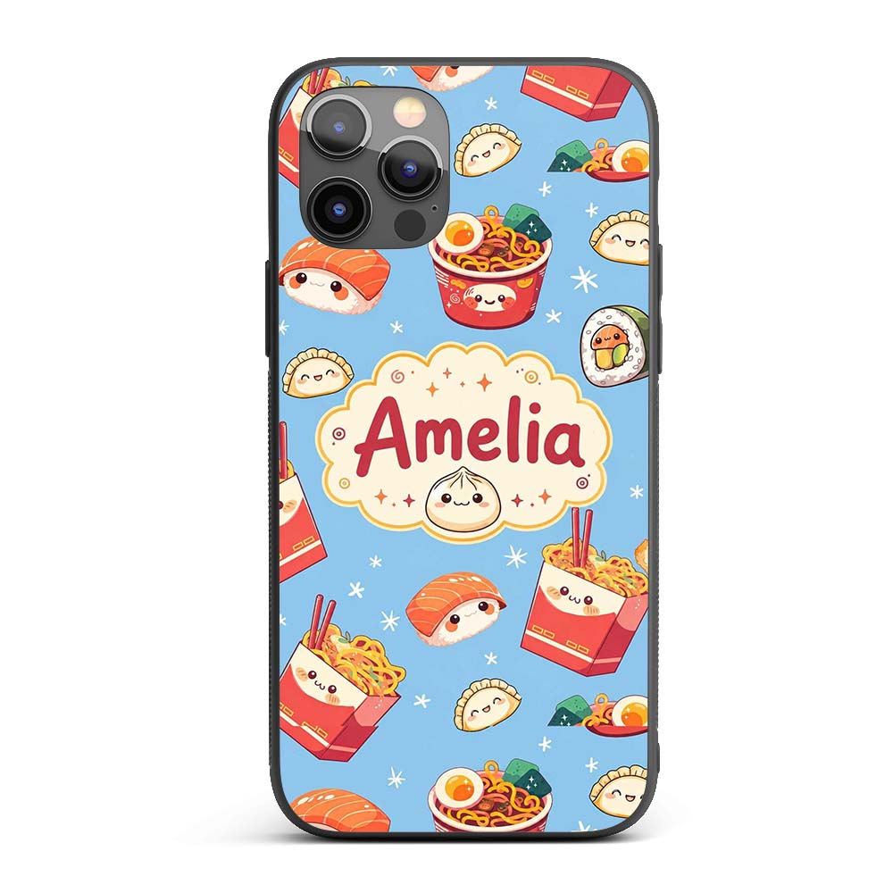 Cute Kawaii Sushi Ramen Dumpling Printed Design Custom Name Protective Phone Case Mobile Cover Durable Everyday Smartphone Shock Resistant