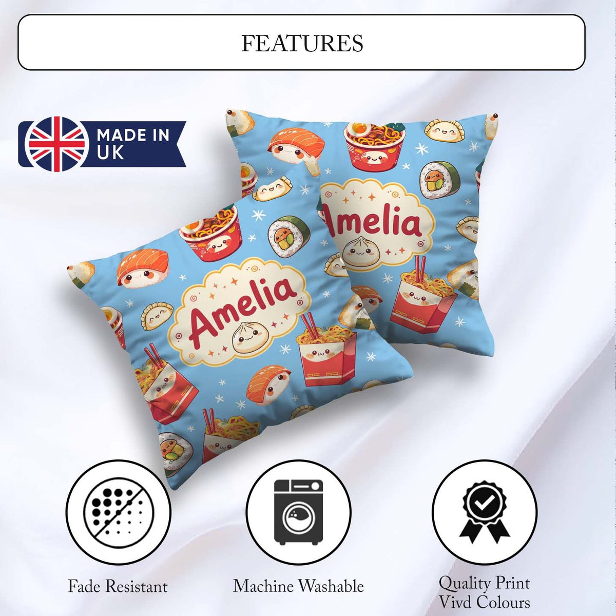 Custom Name Cute Kawaii Sushi Ramen Dumpling Food Blue Seamless Square Filled Cushion Throw Pillow Sofa Bed Home Decor Zip Washable UK Made