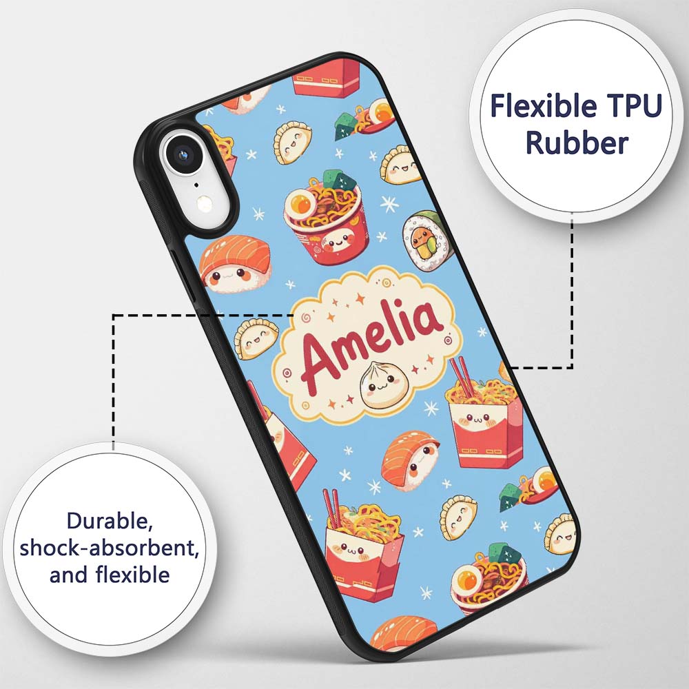 Cute Kawaii Sushi Ramen Dumpling Printed Design Custom Name Protective Phone Case Mobile Cover Durable Everyday Smartphone Shock Resistant