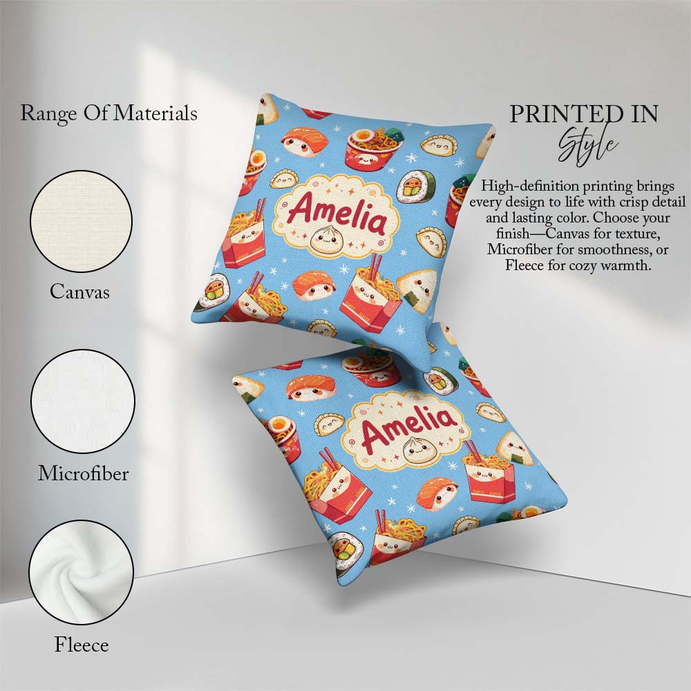 Custom Name Cute Kawaii Sushi Ramen Dumpling Food Blue Seamless Square Filled Cushion Throw Pillow Sofa Bed Home Decor Zip Washable UK Made