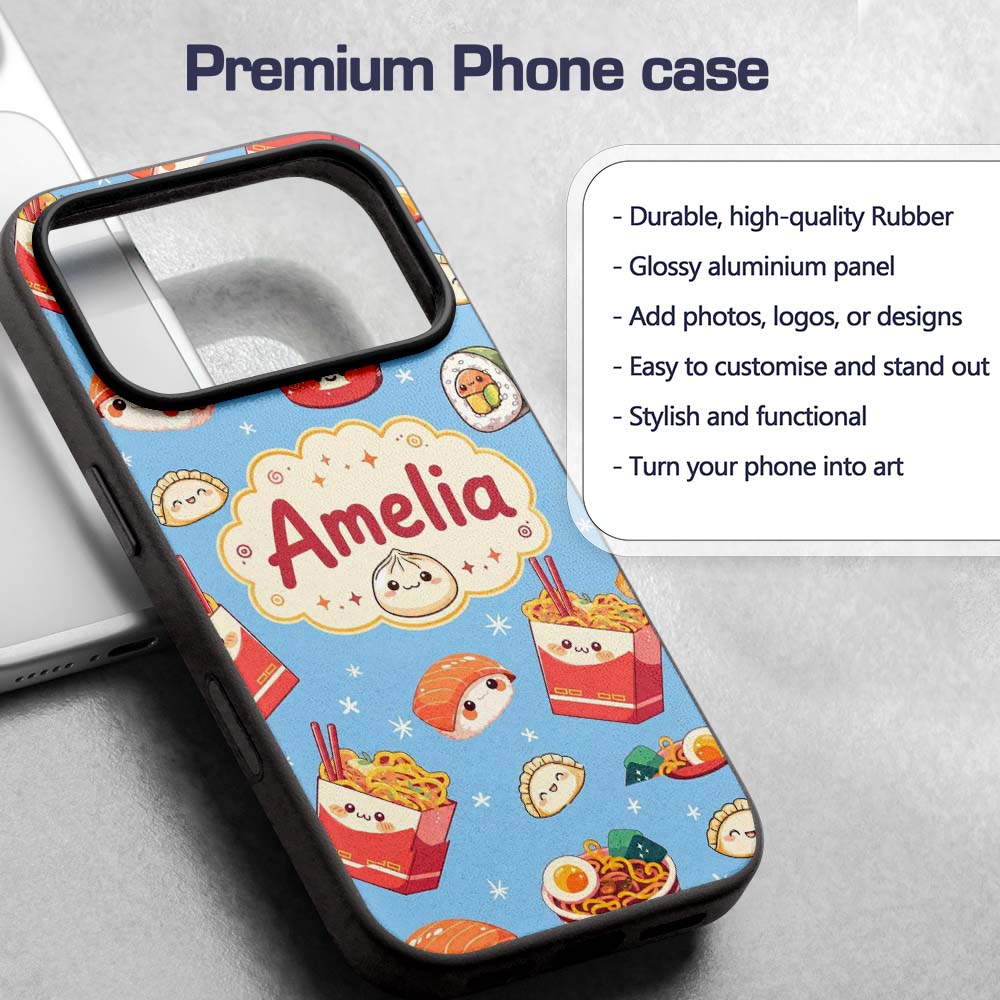 Cute Kawaii Sushi Ramen Dumpling Printed Design Custom Name Protective Phone Case Mobile Cover Durable Everyday Smartphone Shock Resistant