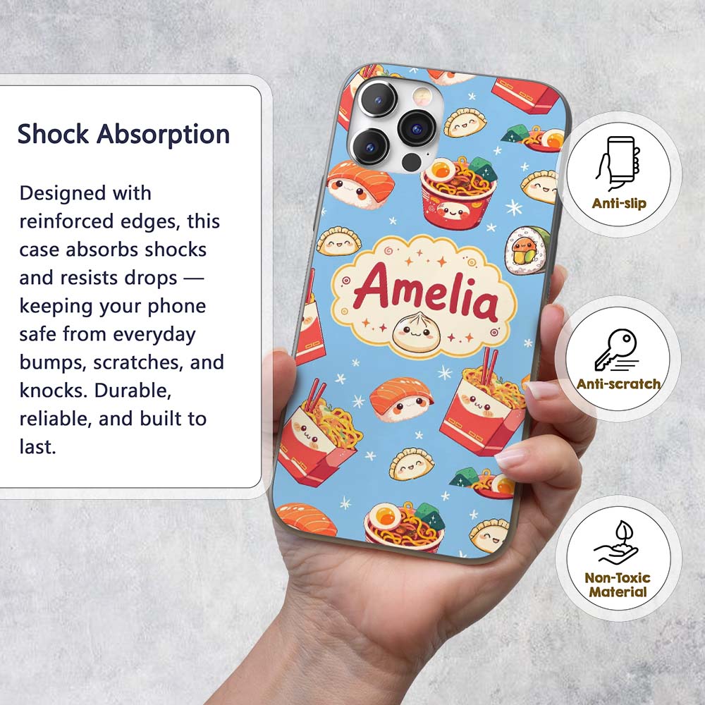 Cute Kawaii Sushi Ramen Dumpling Printed Design Custom Name Protective Phone Case Mobile Cover Durable Everyday Smartphone Shock Resistant
